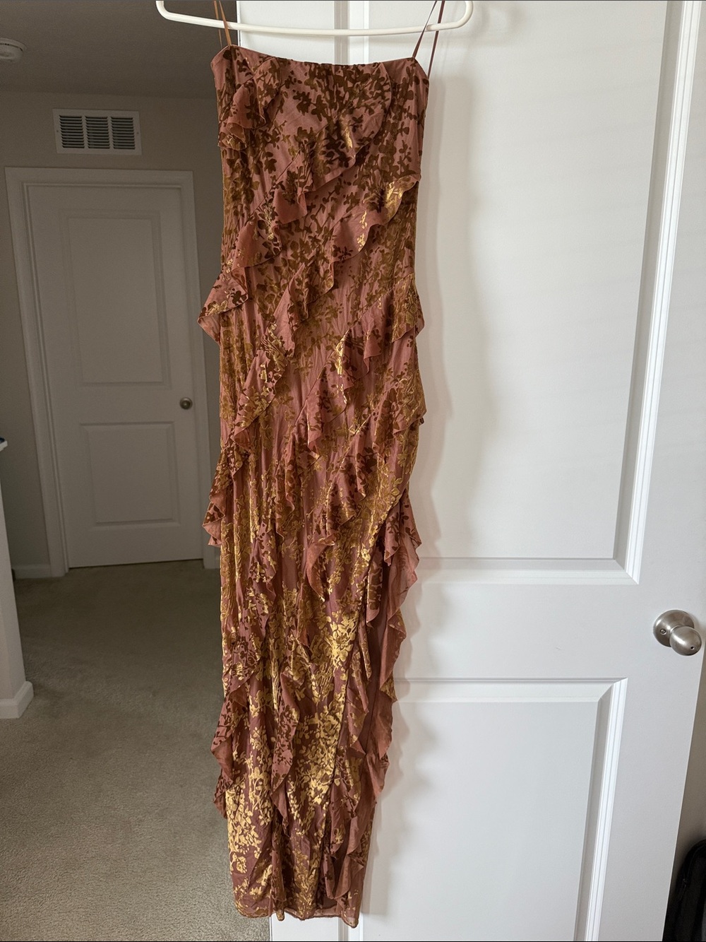 The Vintage Shop Rose Gold Metallic Floral High-Low Ruffle Strapless Dress